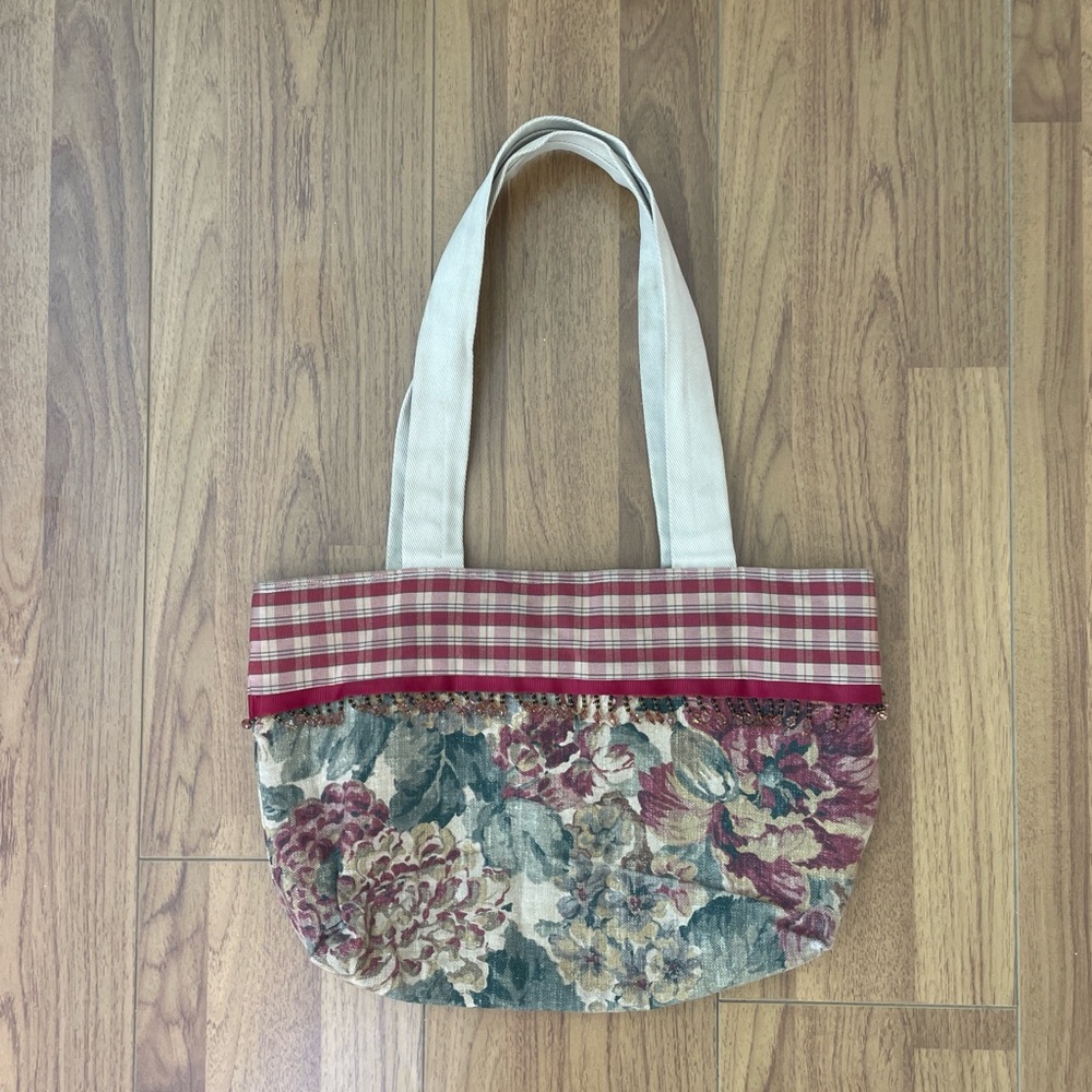 Floral and plaid mini tote bag with beaded trim